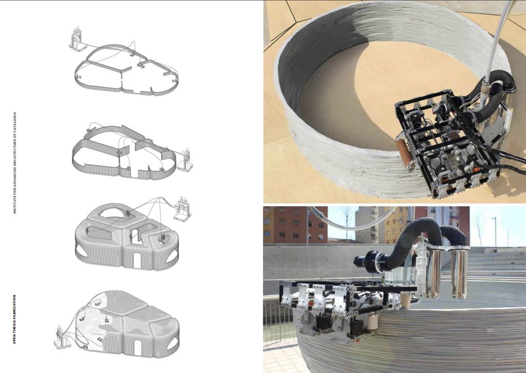 schematic and images of mini robots being used to produce clay structures larger than the size of the machine